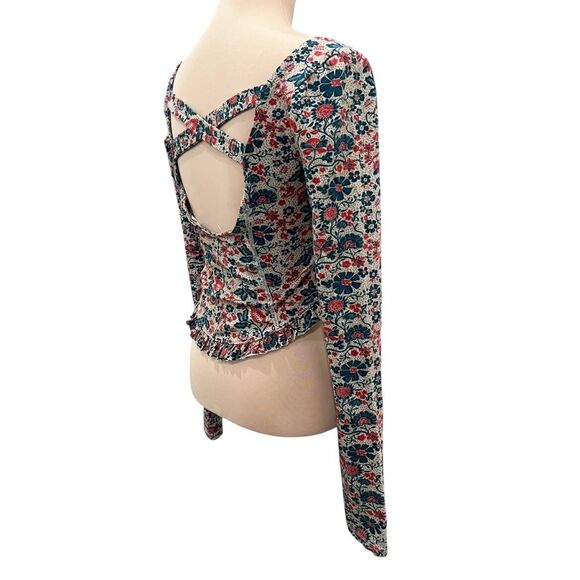 Free People Melanie Floral Top Peplum Scoop Neck Long Sleeve Sand Combo S NWT - Picture 10 of 14